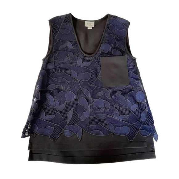 Grey Jason Wu Woman's Sz 4 Sleeveless Layered Floral Lace Top Black & Blue - Picture 7 of 7